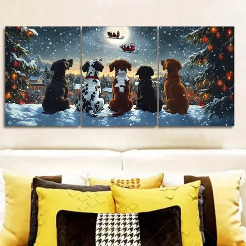 3pcs Festive Dogs Watching Santa Claus Wall Art Canvas Unframed - High Quality Print 100% Australian Made Wall Canvas