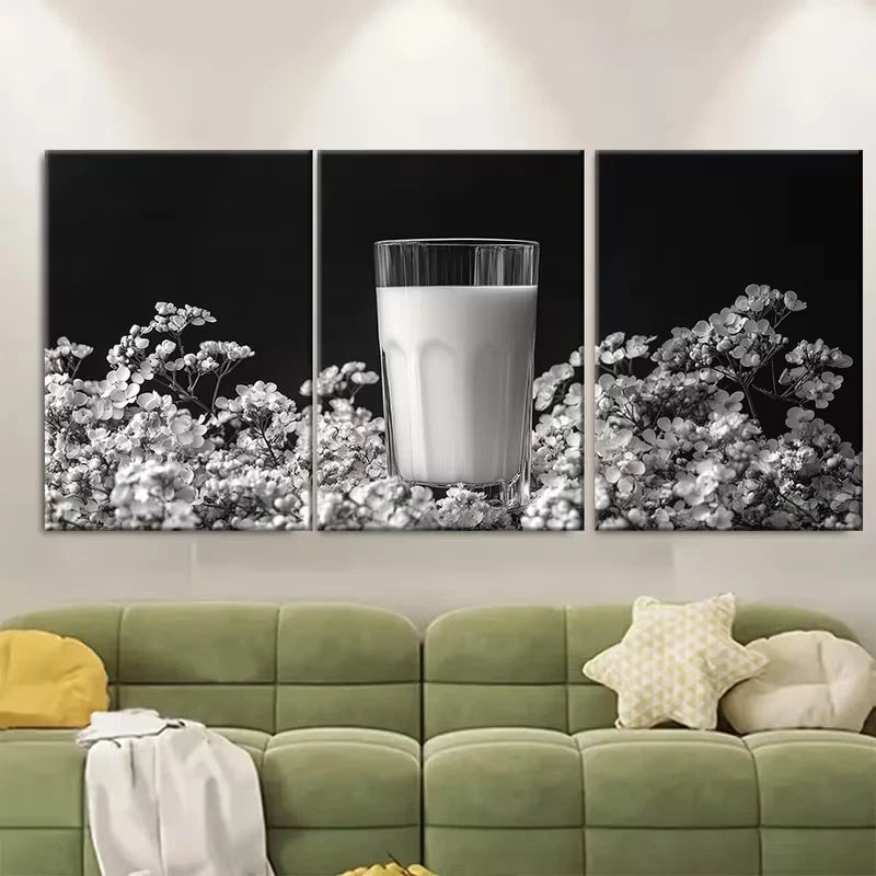3pcs Black White Glass of Milk Floral Metal Print Ready to Hang Art