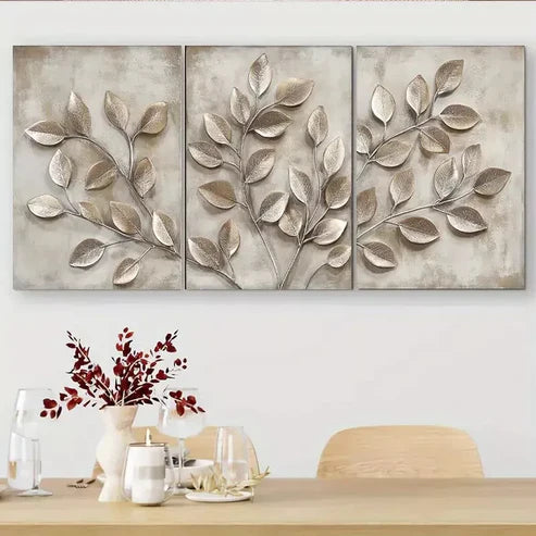 3pcs Metallic Leaf Branch Triptych Wall Art Set Wall Art Canvas Unframed - High Quality Print 100% Australian Made Wall Canvas