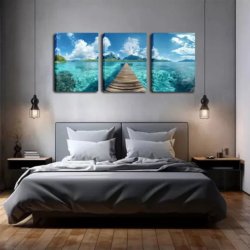 3pcs Serene Wooden Bridge & Turquoise Ocean Scene Wall Art Canvas Unframed - High Quality Print 100% Australian Made Wall Canvas