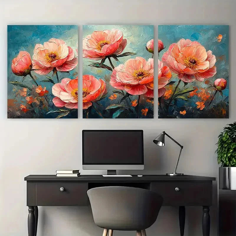 3pcs Pink Peony Flowers Abstract Wall Art Set Canvas Framed 50x70cm - High Quality Print 100% Australian Made Wall Canvas Ready to Hang