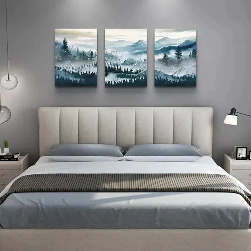 3pcs Misty Mountain Forest Wall Wall Art Set Canvas Framed 50x70cm - High Quality Print 100% Australian Made Wall Canvas Ready to Hang