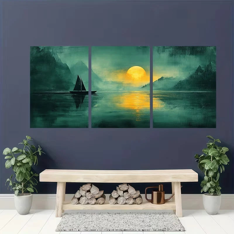 3pcs Green Abstract Landscape Metal Print Ready to Hang Art