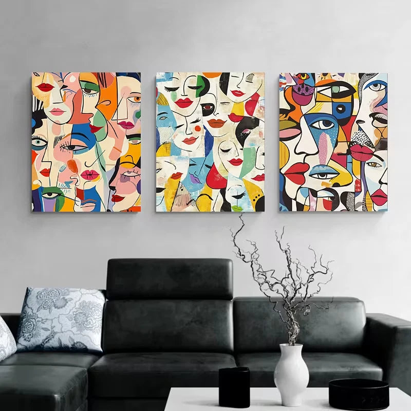 3pcs Multicolor Geometric Face Paintings Metal Print Ready to Hang Art
