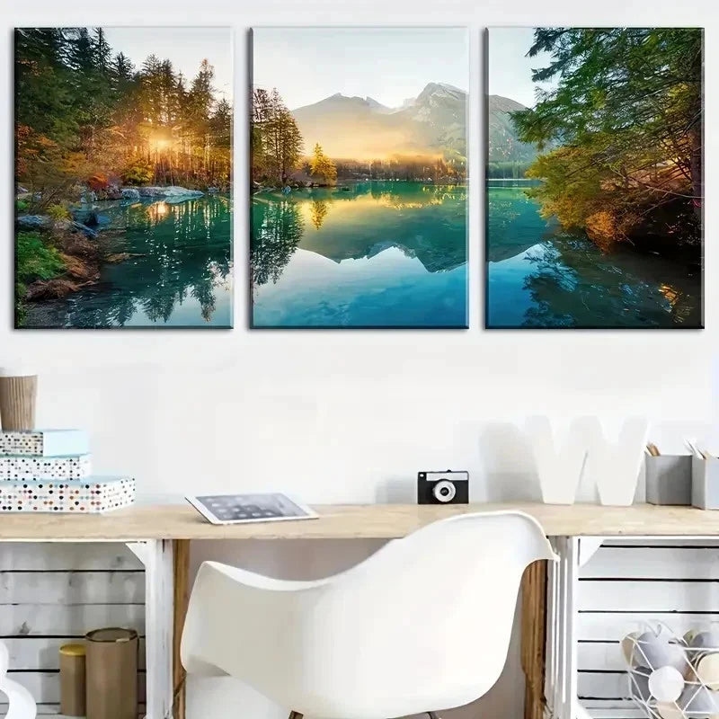 3pcs Mountain Scenery Sunrise Lake Perfect Wall Art Set Canvas Framed 50x70cm - High Quality Print 100% Australian Made Wall Canvas Ready to Hang