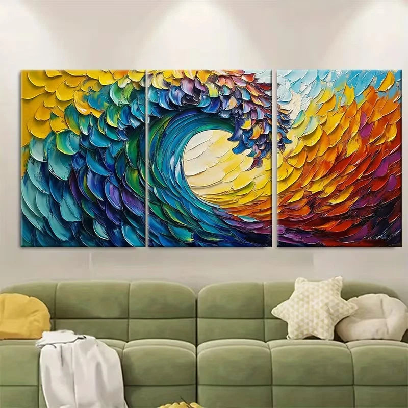 3pcs Vibrant Abstract Wave Colorful Textured Metal Print Ready to Hang Art