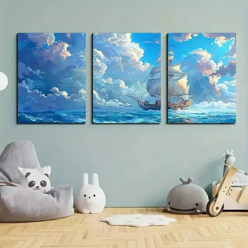 3pcs Mysterious Sail in The Sea Wall Art Set Canvas Framed 50x70cm - High Quality Print 100% Australian Made Wall Canvas Ready to Hang
