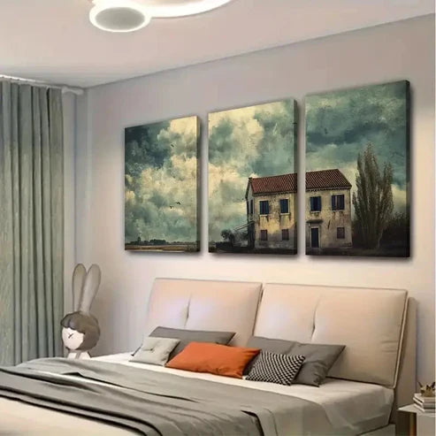 3pcs Venetian canal house under a stormy sky Wall Art Set Canvas Unframed - High Quality Print 100% Australian Made Wall Canvas