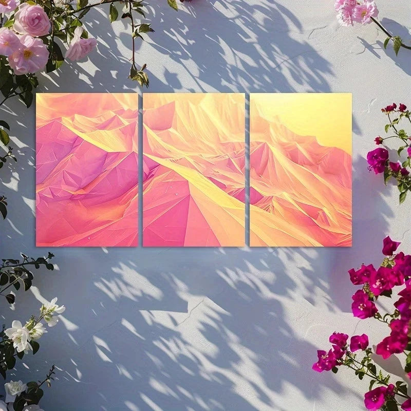 3pcs Modern Polygons in Yellow and Pink Abstract Metal Print Ready to Hang Art