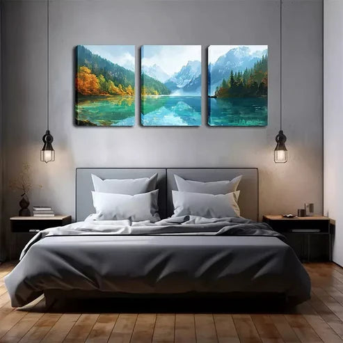3pcs Vibrant Green Lake and Mountain Landscape Wall Art Canvas Unframed - High Quality Print 100% Australian Made Wall Canvas