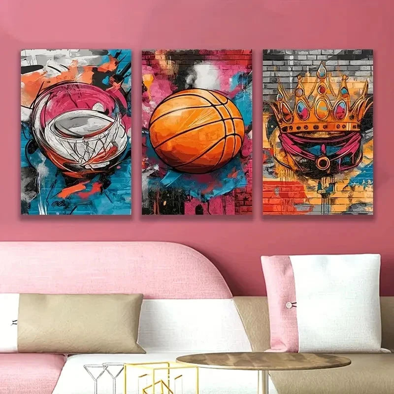 3pcs Vibrant Basketball Artwork Wall Art Set Canvas Framed 50x70cm - High Quality Print 100% Australian Made Wall Canvas Ready to Hang