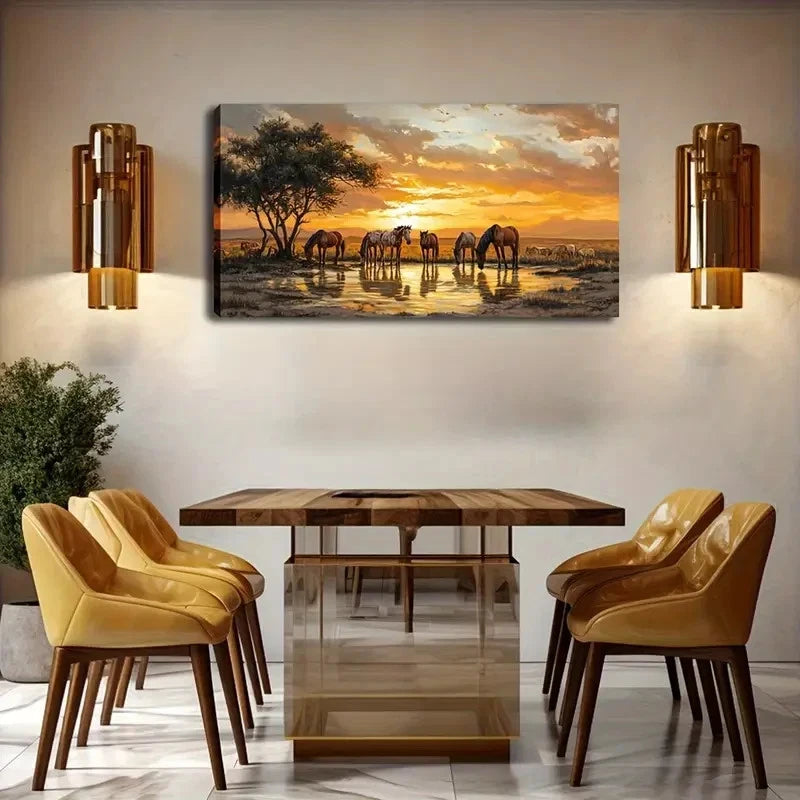 Waterfront Horses Orange Sky Wall Art Canvas Office Home Room Framed 120x60cm