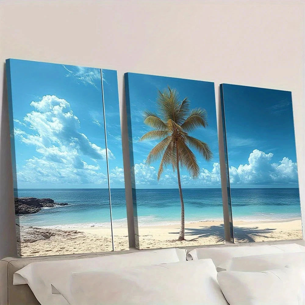 3pcs Coastal Pine Beach Serene Ocean & Sky Wall Art Set Canvas Framed 50x70cm - High Quality Print 100% Australian Made Wall Canvas Ready to Hang