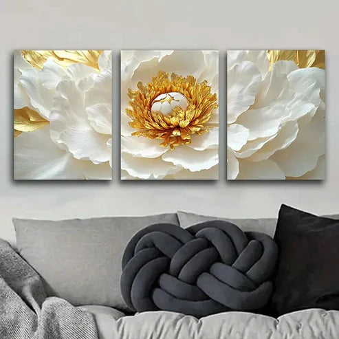 3pcs White Peony Gold Floral Waterproof Perfect Wall Art Set Canvas Unframed - High Quality Print 100% Australian Made Wall Canvas