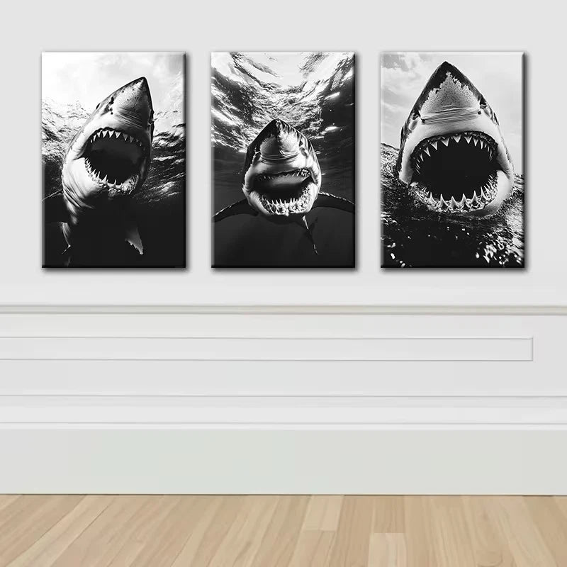 3pcs Great White Shark Illustration Wall Art Set Canvas Framed 60x90cm - High Quality Print 100% Australian Made Wall Canvas Ready to Hang