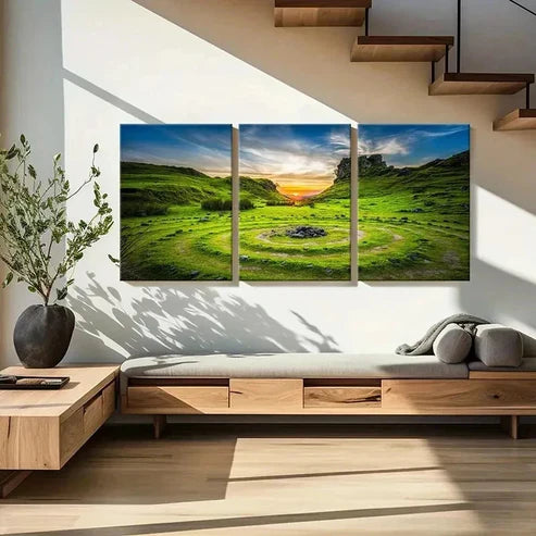 3pcs Green Grass Sunset Scenery Natural Wall Art Set Canvas Unframed - High Quality Print 100% Australian Made Wall Canvas