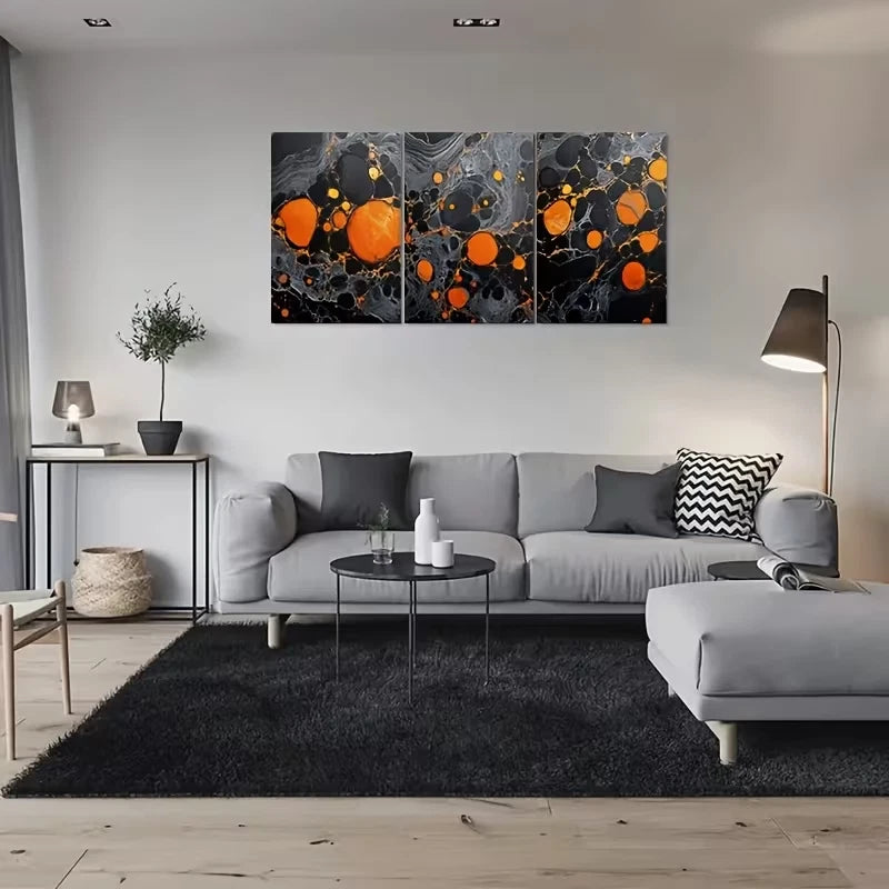 3pcs Abstract Orange And Black Marble Metal Print Ready to Hang Art