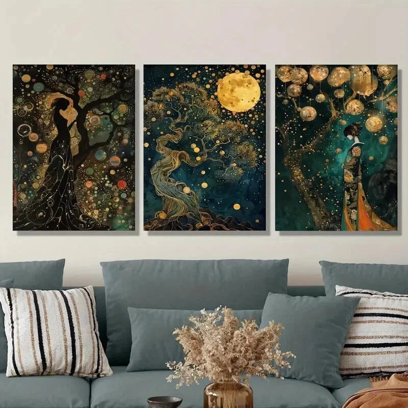 3pcs Depicting a Girl Illuminated by The Moon Metal Print Ready to Hang Art