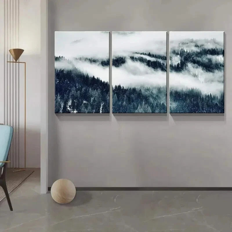3pcs Winter Misty Forest Landscape PaintingMetal Print Ready to Hang Art