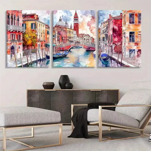 3pcs Venice Canal Triptych Vibrant Perfect Wall Art Set Canvas Unframed - High Quality Print 100% Australian Made Wall Canvas