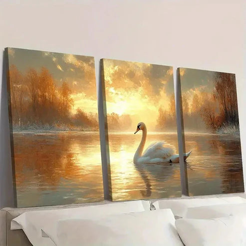 3pcs Elegant Swan Painting with Golden Sunset S Wall Art Set Canvas Unframed - High Quality Print 100% Australian Made Wall Canvas - Bella Home Decor