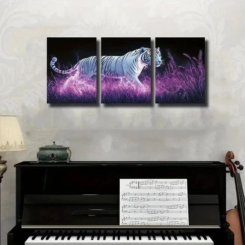 3pcs White Tiger on Neon Grass Decor Wall Art Canvas Unframed – High Quality Print 100% Australian Made Wall Canvas