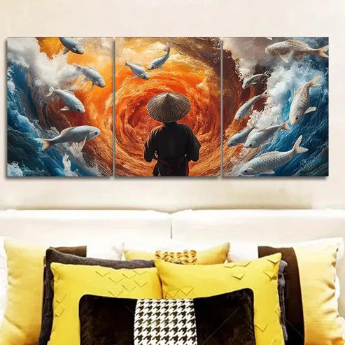 3pcs Fisherman, Koi Water Wall Art Set Wall Art Canvas Unframed – High Quality Print 100% Australian Made Wall Canvas