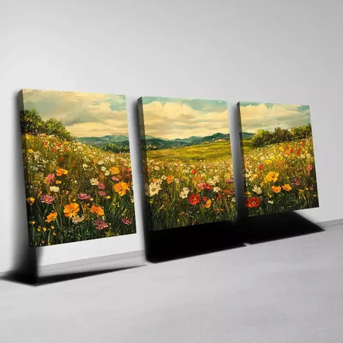 3pcs Serene Wildflowers Meadow Sky Landscape Wall Art Set Canvas Unframed - High Quality Print 100% Australian Made Wall Canvas