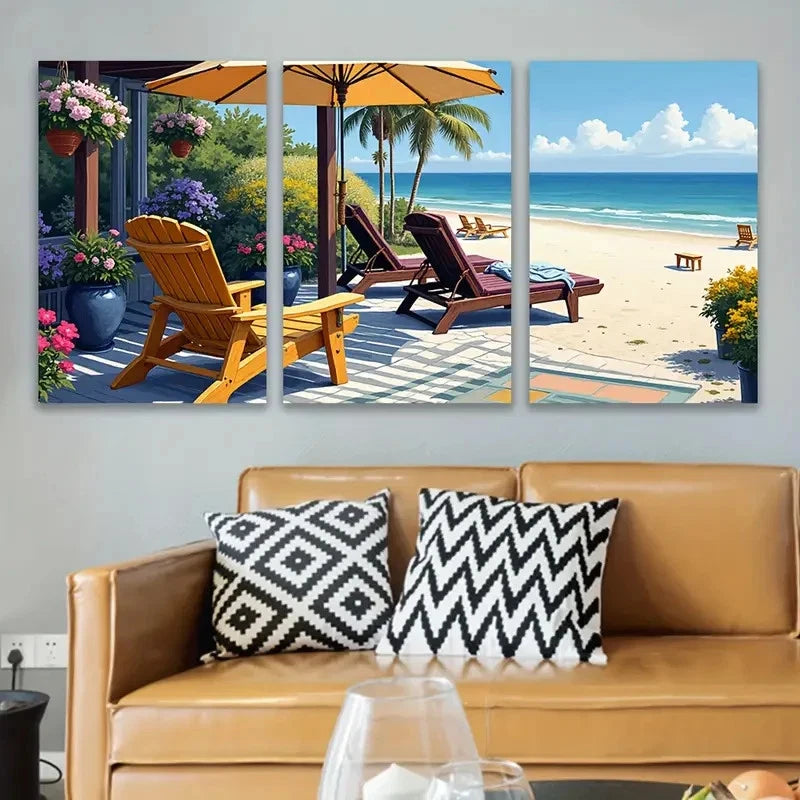3pcs Beach Scene With Palm Trees And Ocean View Wall Art Set Canvas Framed 40x60cm - High Quality Print 100% Australian Made Wall Canvas Ready to Hang - Bella Home Decor