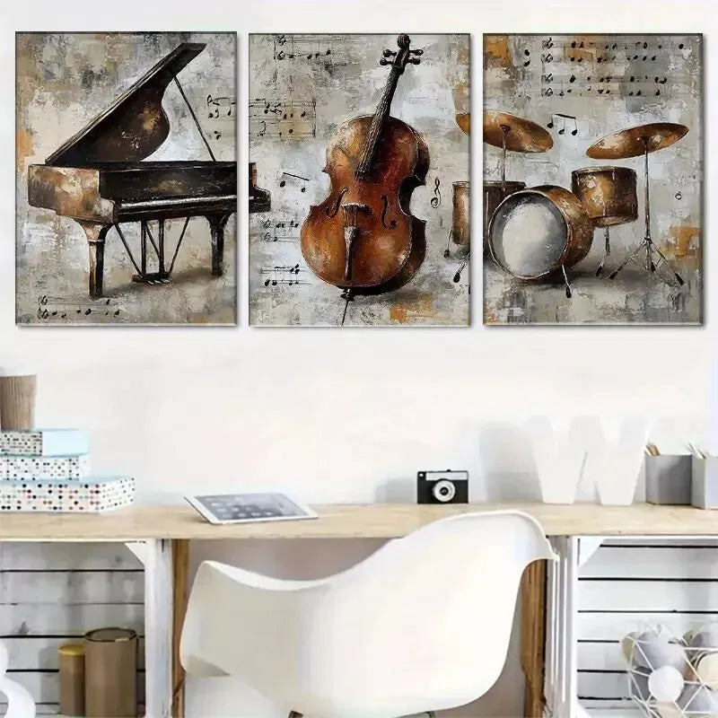 3pcs Musical Instruments Artwork Piano Art Set Canvas Framed 50x70cm - High Quality Print 100% Australian Made Wall Canvas Ready to Hang