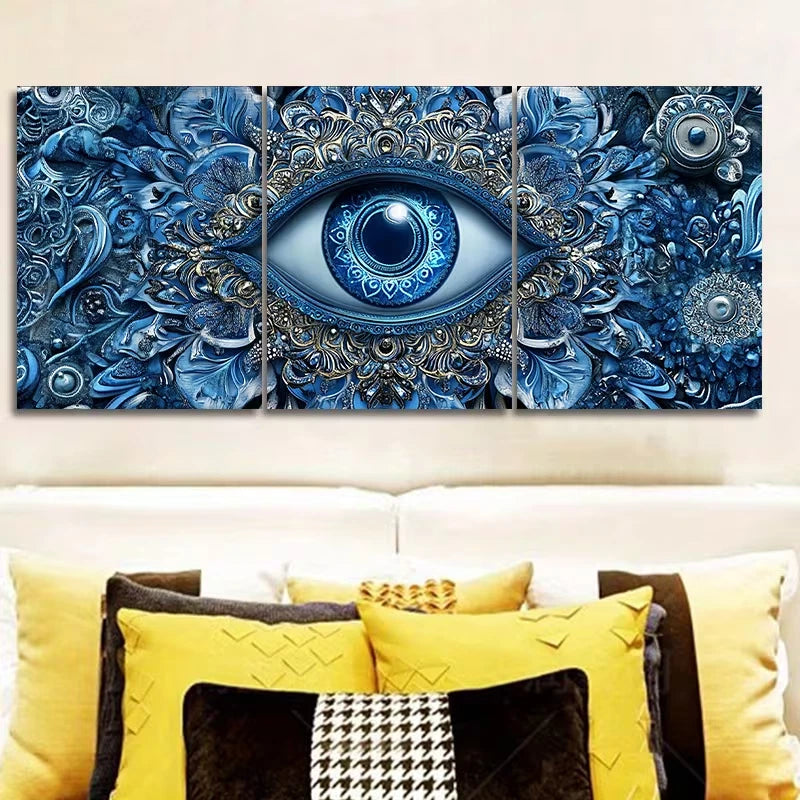 3pcs Blue Evil Eye Intricate Floral Patterns Metal Print Ready to Hang Art