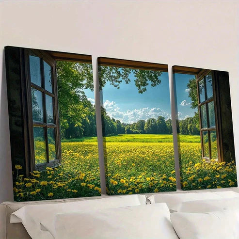 3pcs Serene Green Field & Blue Sky View Wall Art Set Canvas Unframed - High Quality Print 100% Australian Made Wall Canvas