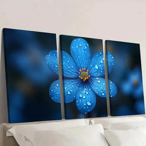 3pcs Blue Flower Painting Starwort FJ Wall Art Set Canvas Unframed - High Quality Print 100% Australian Made Wall Canvas - Bella Home Decor