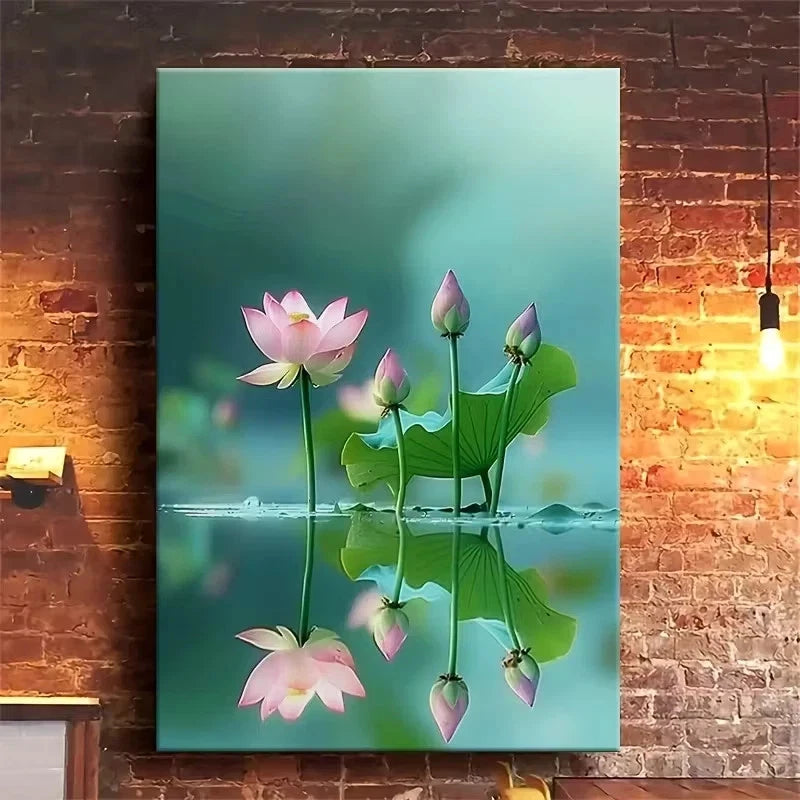 Lotus Reflection Oil Painting Metal Print Ready to Hang