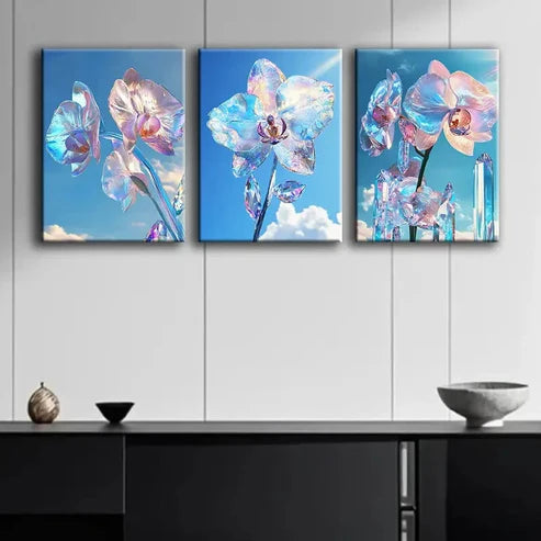 3pcs Glass Orchid Glittering Petals Perfect Wall Art Set Canvas Unframed - High Quality Print 100% Australian Made Wall Canvas - Bella Home Decor