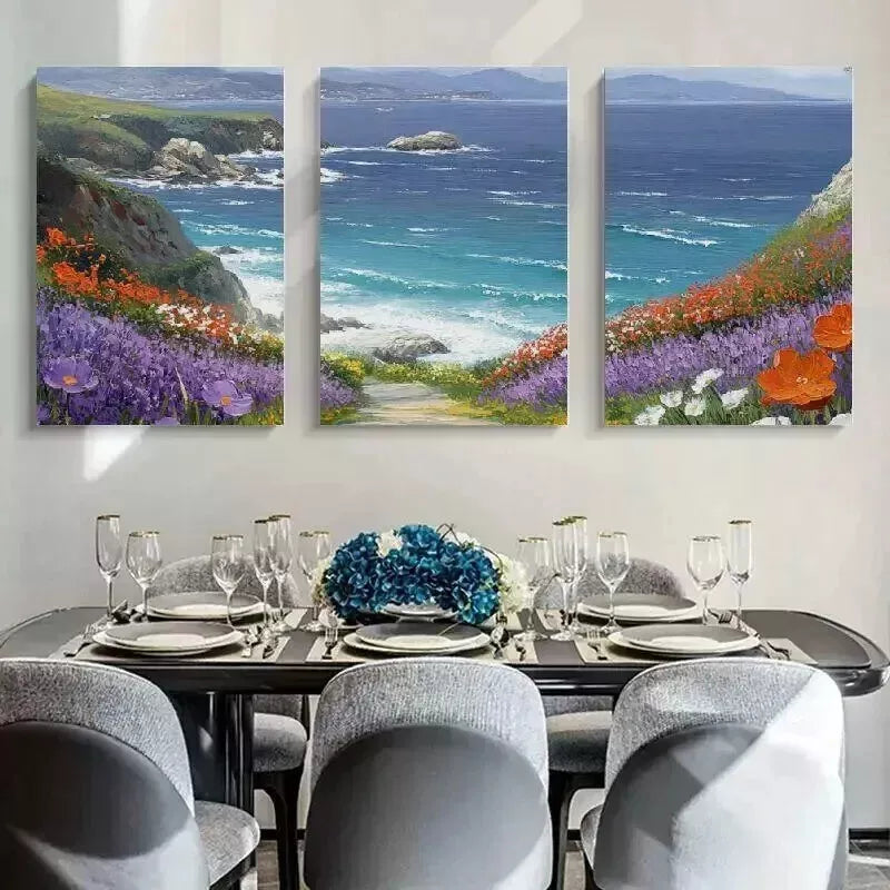 3pcs Flowers With Grass Mountain & Sea Wall Art Set Canvas Framed 50x70cm - High Quality Print 100% Australian Made Wall Canvas Ready to Hang