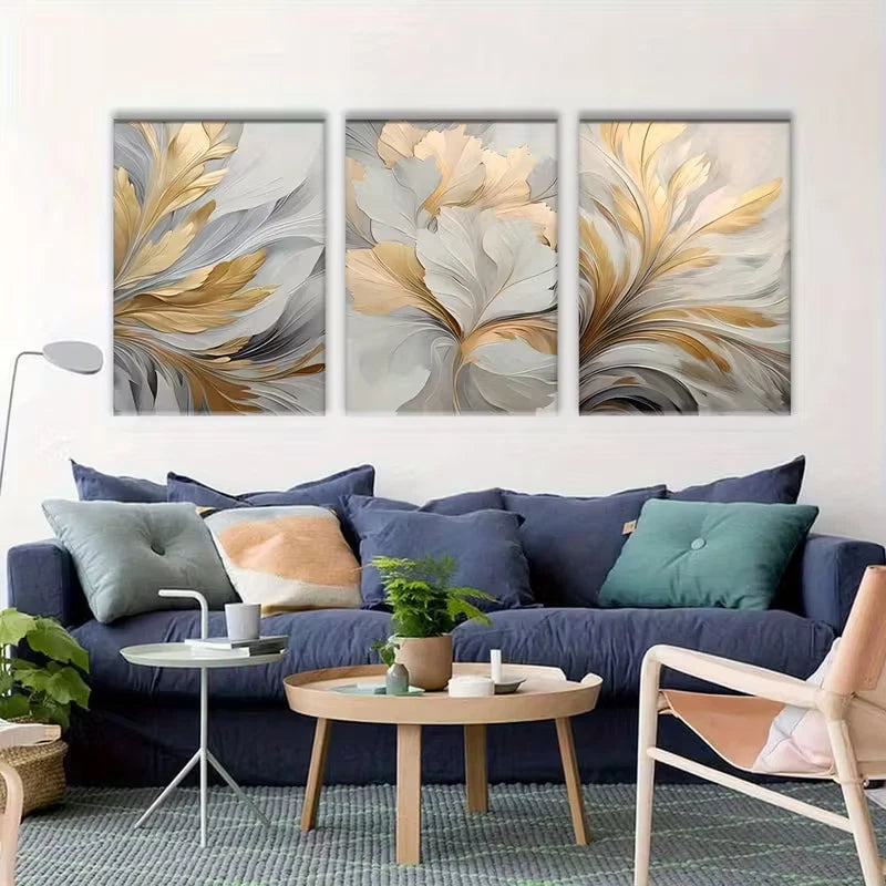 3pcs Golden & White Leaf Abstract Metal Print Ready to Hang Art