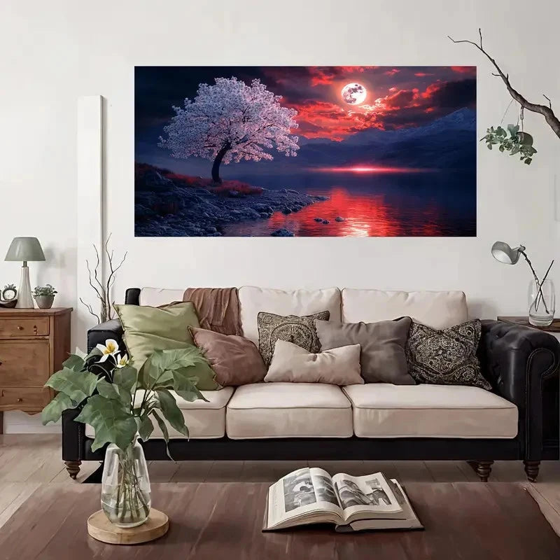 Cherry Blossom Lake Moon Lands Wall Art Canvas Office Home Room Framed 120x60cm