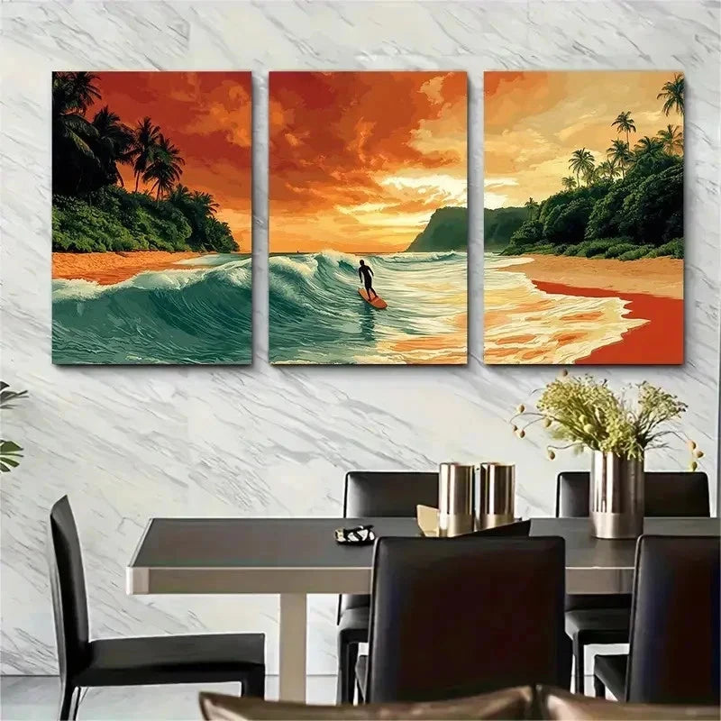 3pcs Vibrant Sunset & Palm Tree KI Wall Art Set Canvas Framed 40x60cm - High Quality Print 100% Australian Made Wall Canvas Ready to Hang