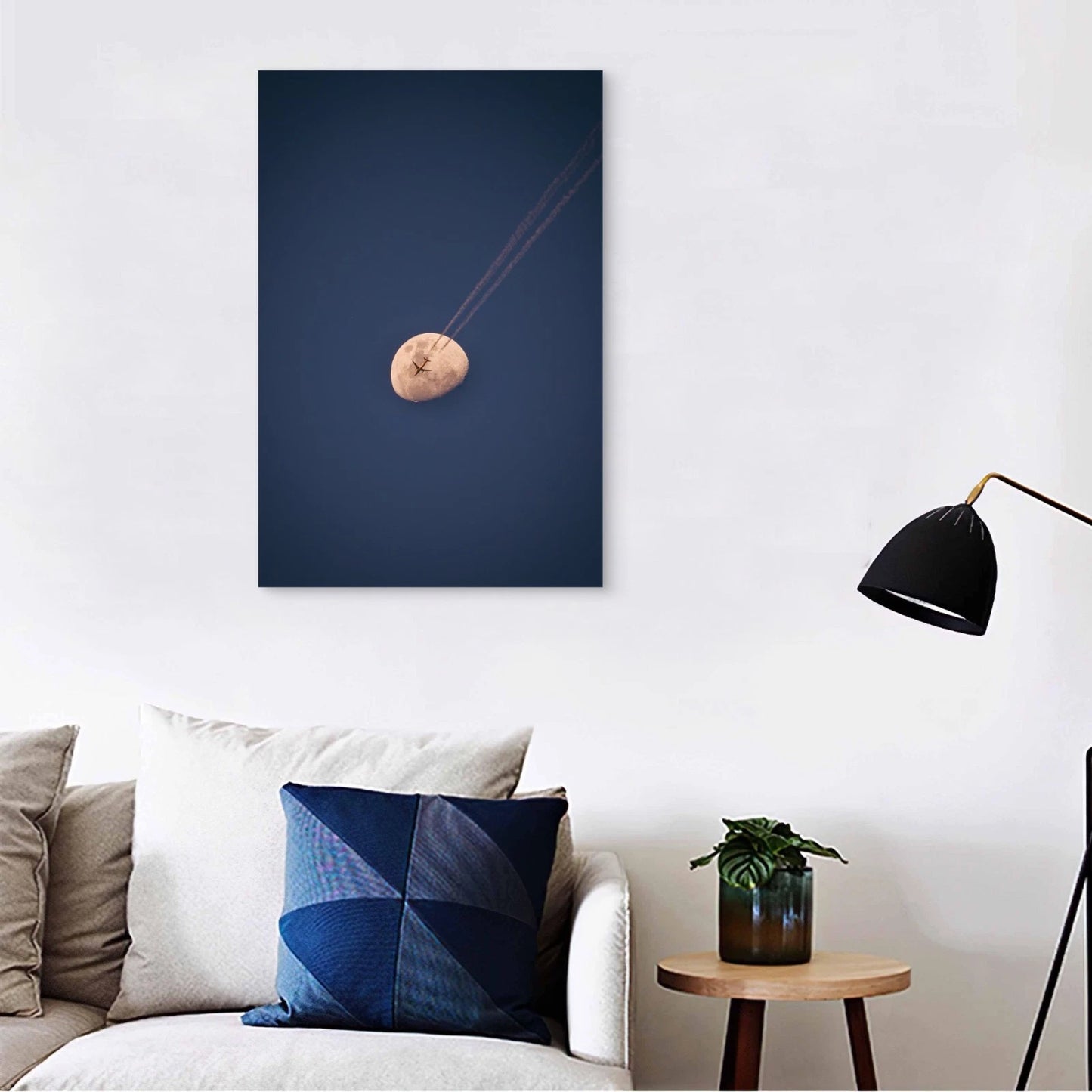 Airplane Crossing the Moon Minimalist 40x60cm Metal Print Ready to Hang