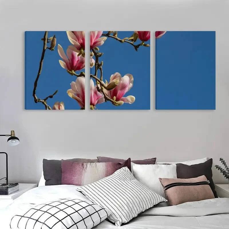 3pcs Pink & White Magnolia Branches on Blue Sky Wall Art Set Canvas Framed 60x90cm - High Quality Print 100% Australian Made Wall Canvas Ready to Hang