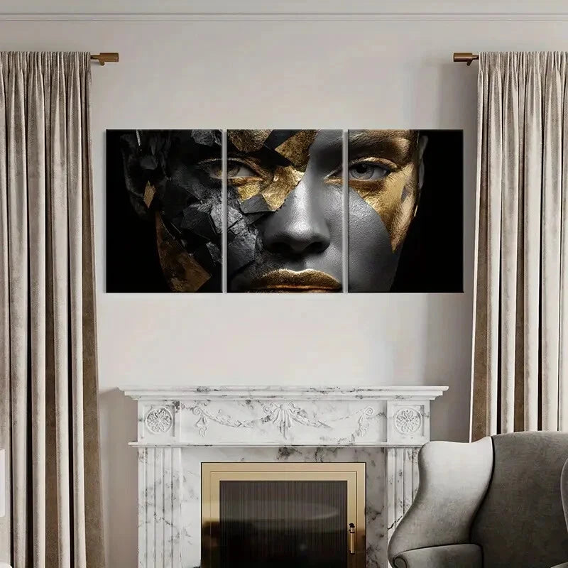 3pcs Abstract Art Golden Mask Metallic Metal Print Ready to Hang Art