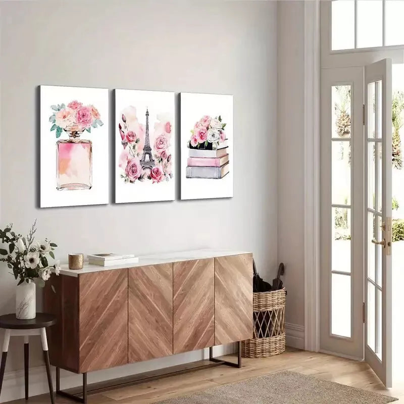 3pcs Pink Perfume & Parisian Fashion Canvas Framed 40x60cm - High Quality Print 100% Australian Made Wall Canvas Ready to Hang - Bella Home Decor