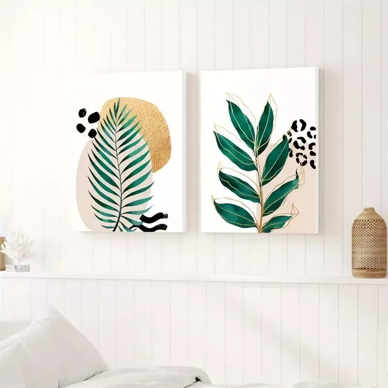 2pcs Botanical Bliss Tropical Green Pink & Gold Leaves - Framed 50x75cm - High Quality Print 100% Australian Made Wall Canvas Ready to Hang - Bella Home Decor