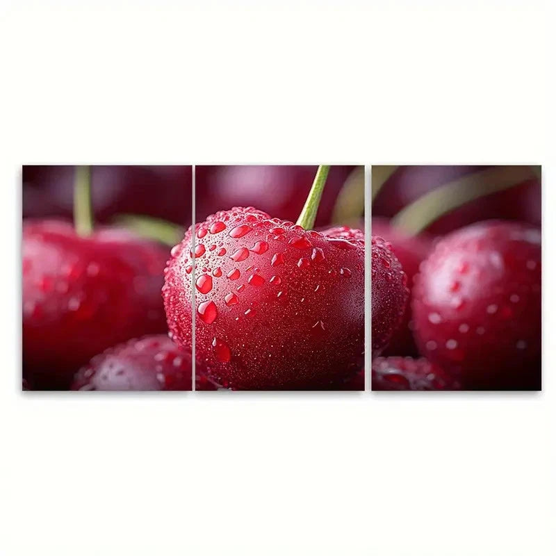 3pcs Ripe Cherry Juicy Fruit Illustration Wall Art Set Canvas Framed 40x60cm - High Quality Print 100% Australian Made Wall Canvas Ready to Hang