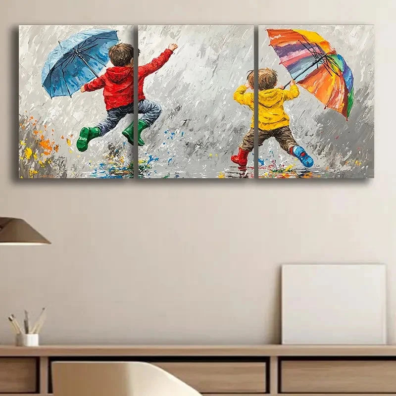 3pcs Playing on Rainy Day Scene Wall Art Set Canvas Framed 50x70cm - High Quality Print 100% Australian Made Wall Canvas Ready to Hang