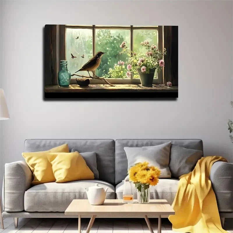 Serene Windowsill Bird Branch Wall Art Canvas Office Home Room Framed 120x60cm
