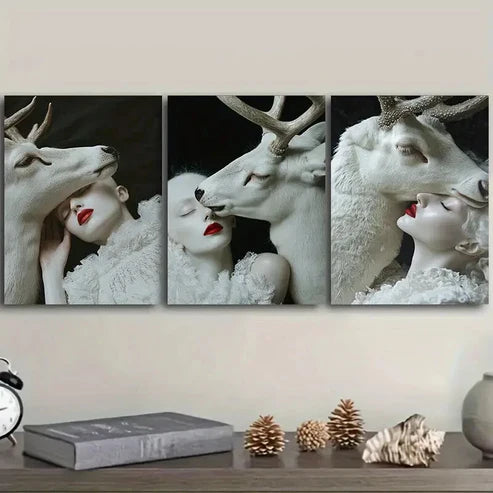 3pcs White Deer, girl Wall Art Set Canvas Unframed - High Quality Print 100% Australian Made Wall Canvas