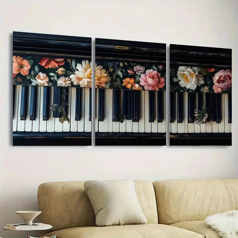 3pcs Floral Piano Keys Wall Art Set Canvas Framed 40x60cm - High Quality Print 100% Australian Made Wall Canvas Ready to Hang