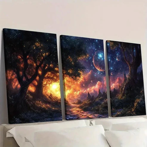 3pcs Purple Castle & Starry Night ew Wall Art Set Canvas Unframed - High Quality Print 100% Australian Made Wall Canvas